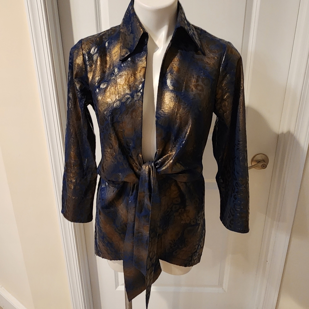 Mishca tunic blouse with tie, size small blue and gold